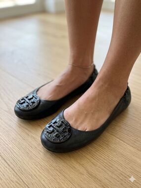 Tory Burch Black Leather Ballet Flats Reva Logo Elastic Slip On Shoes 8
